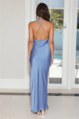 From All Angles Satin Halter Maxi Dress Blue