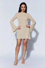 Zahra Long Sleeve Open Back Mini Knit Dress - Wheat