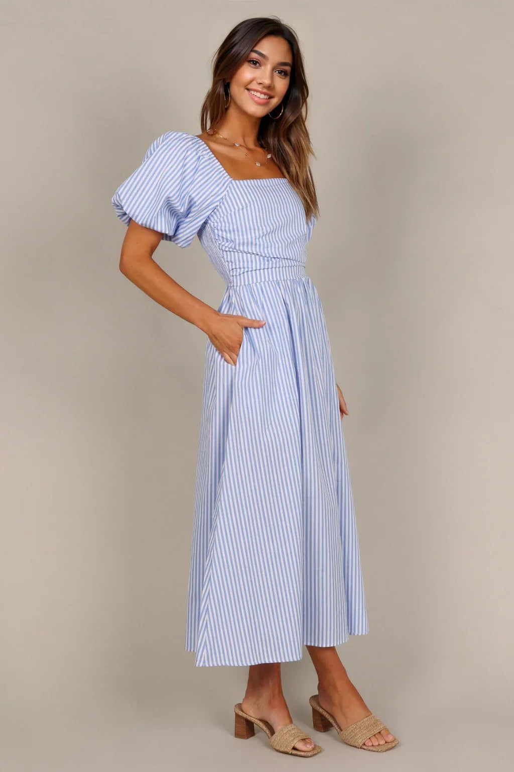 Clo Puff Sleeve Maxi Dress - Blue Stripe