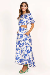 Puff Sleeve Dress - Blue Floral