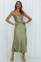 A Little Whisper Satin Midi Dress Olive