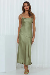 A Little Whisper Satin Midi Dress Olive