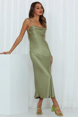 A Little Whisper Satin Midi Dress Olive