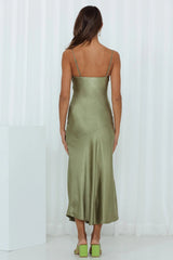 A Little Whisper Satin Midi Dress Olive