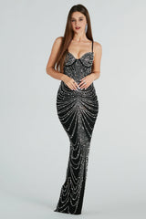 Aubrie Formal Rhinestone And Pearl Mesh Long Dress