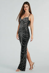 Aubrie Formal Rhinestone And Pearl Mesh Long Dress