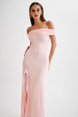 Audrey Off Shoulder Mesh Maxi Dress - Pale Pink