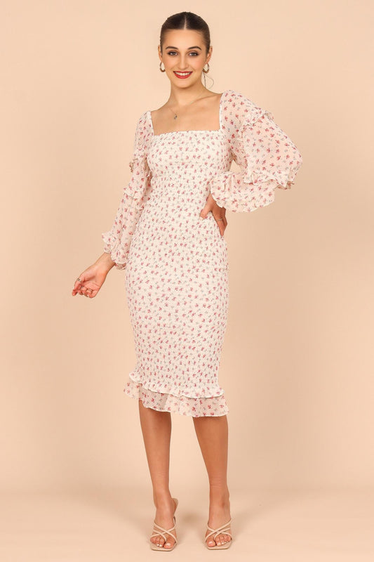 Bonita Shirred Frill Long Sleeve Bodycon Midi Dress - Cream Floral