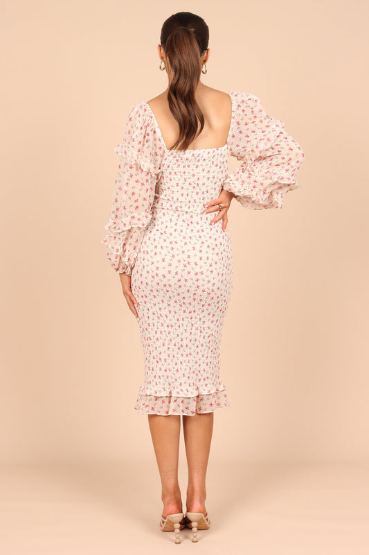 Bonita Shirred Frill Long Sleeve Bodycon Midi Dress - Cream Floral