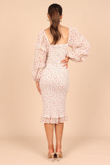 Bonita Shirred Frill Long Sleeve Bodycon Midi Dress - Cream Floral