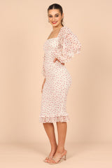 Bonita Shirred Frill Long Sleeve Bodycon Midi Dress - Cream Floral