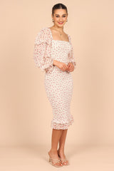 Bonita Shirred Frill Long Sleeve Bodycon Midi Dress - Cream Floral