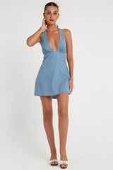 Chelor Mini Dress in Denim Stone Wash Blue