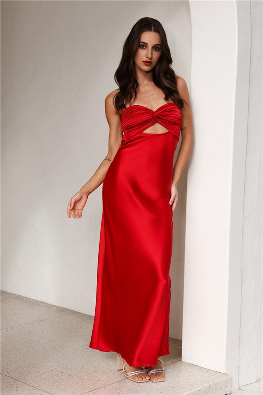 Curious Heart Satin Maxi Dress Red