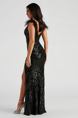 Elle Formal Sequin Feather Long Dress