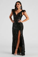 Elle Formal Sequin Feather Long Dress