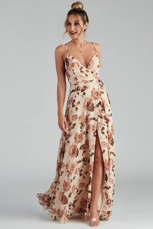 Erika Floral Chiffon Wrap A-Line Formal Dress