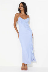 Flaunt It Girl Frill Mesh Maxi Dress Blue